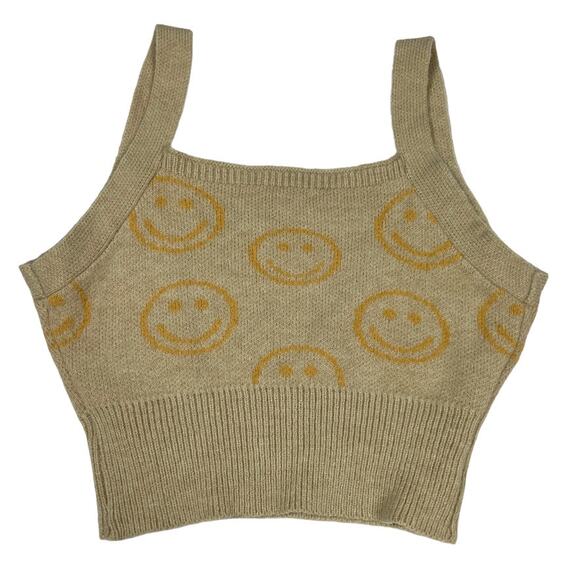 Forever 21 Crop Top Sweater Vest Smiley Prints Knit Pullover Tan Women's Small - Picture 2 of 6